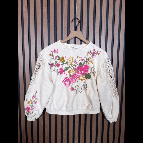 Anthropologie Sweater XS Womens Ivory Floral Embellished Embroidered Pullover - Picture 1 of 7
